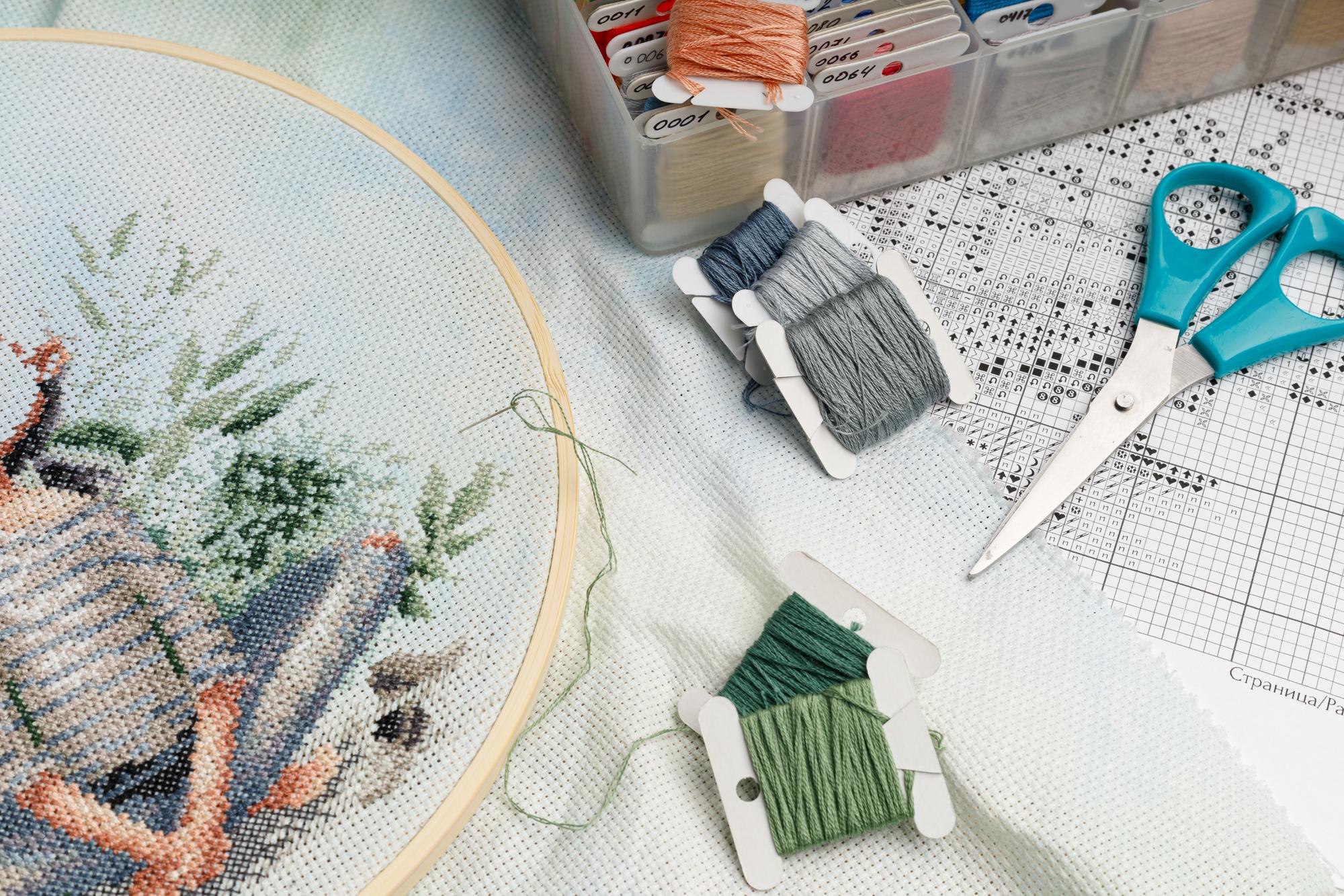 workspace with embroidered samples and threads
